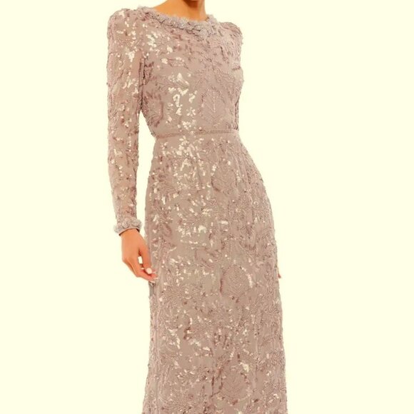 Mac Duggal Mauve Floral Ruffle Neck Long Sleeve Sequin Midi Dress - Picture 1 of 5